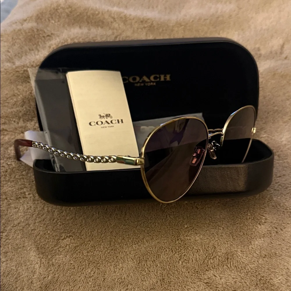 Coach Women's Sunglasses with Gold Frame and Black Lenses - Picture 3 of 3